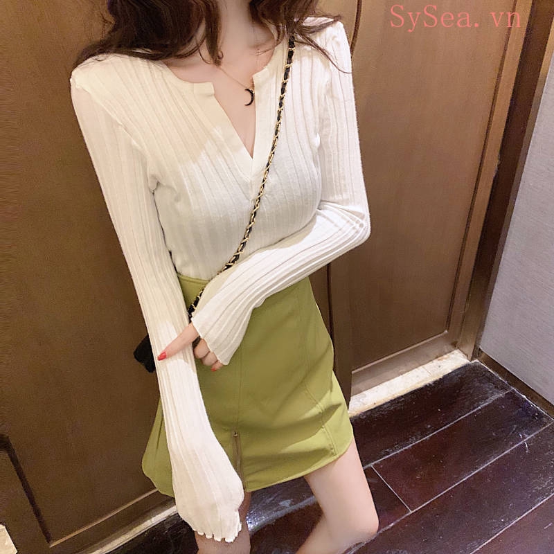 Áo Dệt Kim Nữ Tay Dài Cổ Chữ V Gợi Cảm