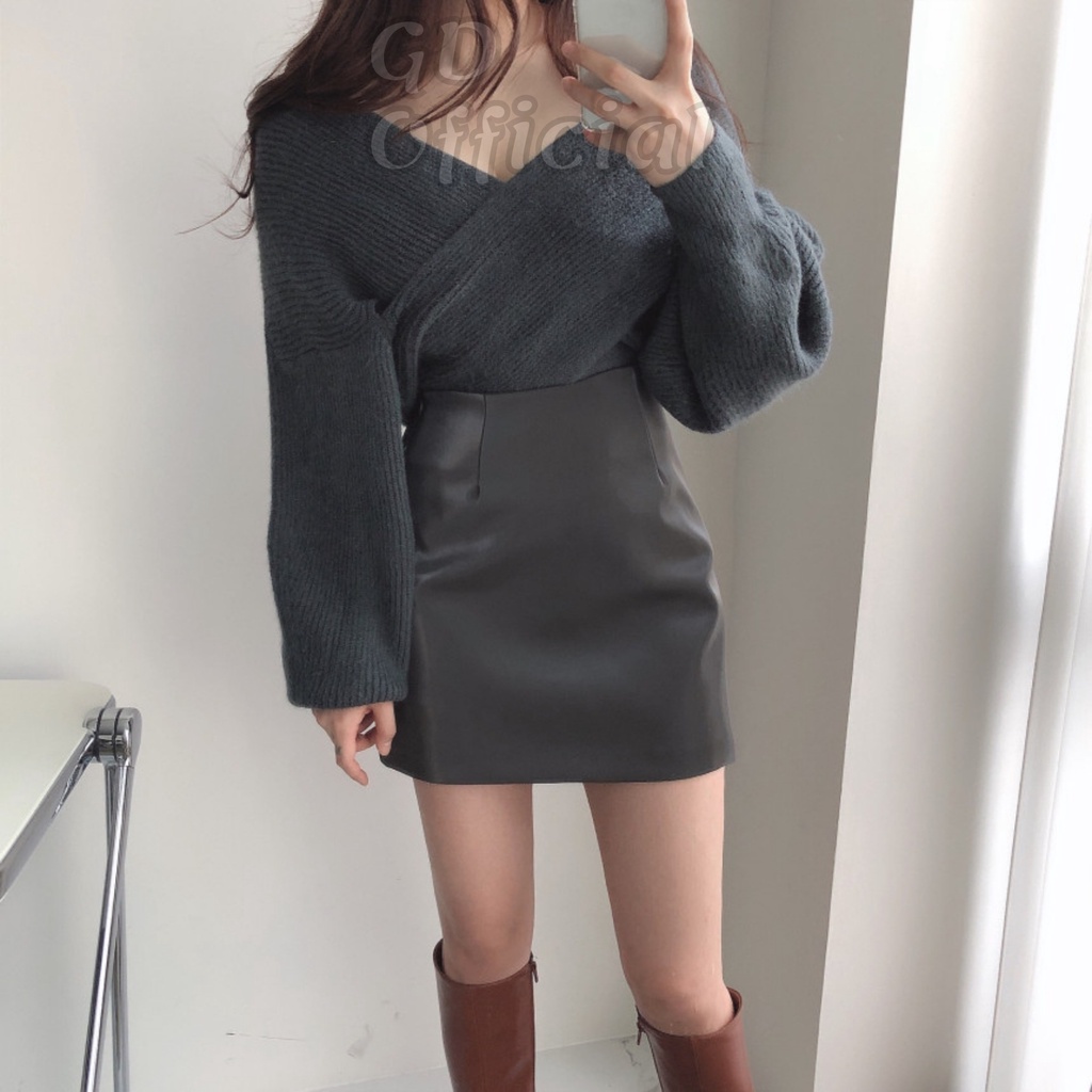 L34|Áo len dệt kim nữ cổ V trơn hở vai dài tay thun gân, váy da pu cạp lưng cao chữ A ngắn xám, kaki, đen GD Official