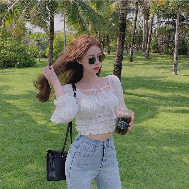 Áo Croptop Cổ Vuông 💖 VIDEO CẬN CHẤT 💖 Áo Trễ Vai Nhún Thân Phối Nơ Cổ Dễ Thương