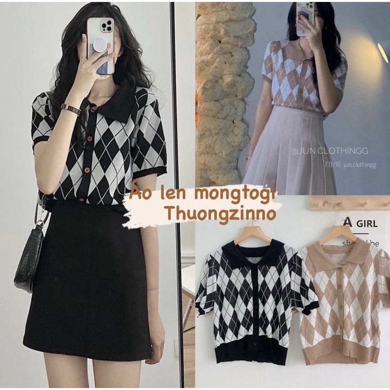 [Ảnh thật/Video]Áo len quả trám cổ polo Áo len croptop phong cách cổ điển sang chảnh