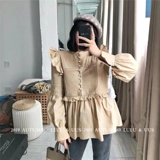 Áo sơmi kiểu babydoll xếp ly phối bèo