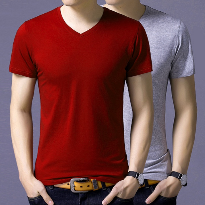 Combo 2 áo thun trơn nam cổ tim vải thun lạnh dáng body thời trang