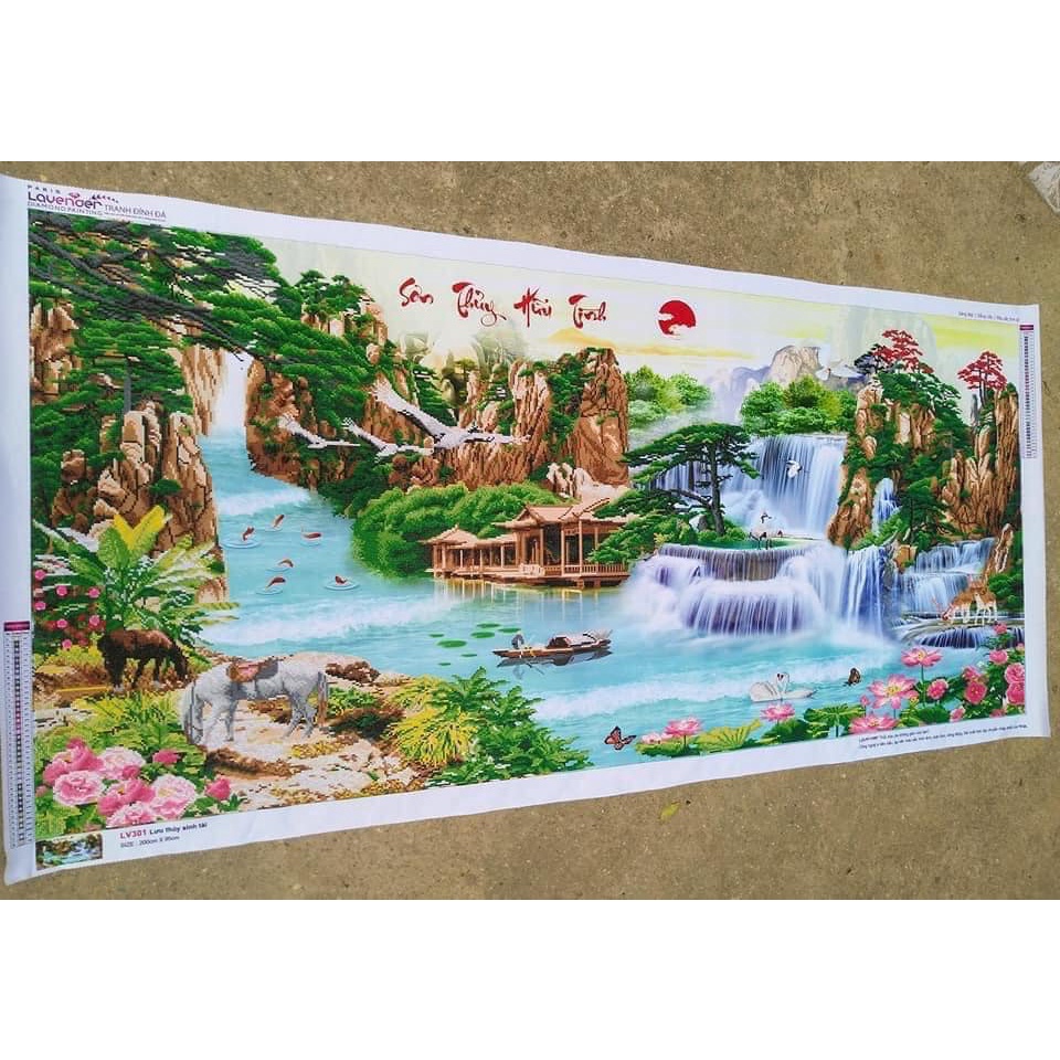 Tranh đính đá phong cảnh non nước hữu tình KT:150x75cm. Tranh gắn đá tự đính