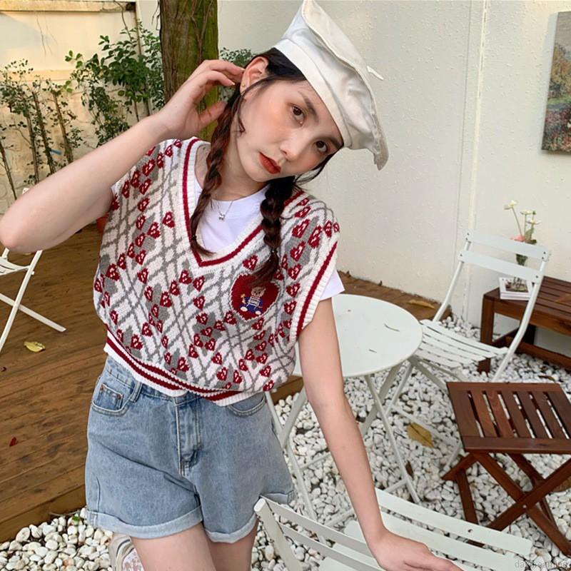 Áo dệt kim sát nách cổ chữ V phối màu sắc tương phản phong cách retro thời trang dành cho nữ