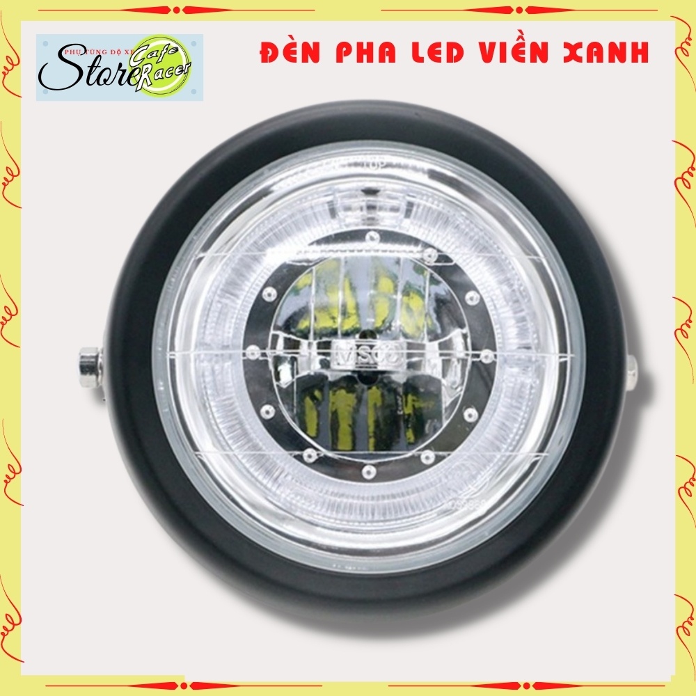 Đèn pha led viền xanh và bộ pat lắp đèn pha vào phuộc, gáo sắt sơn tĩnh điện, mặt kính ,bóng led siêu sáng