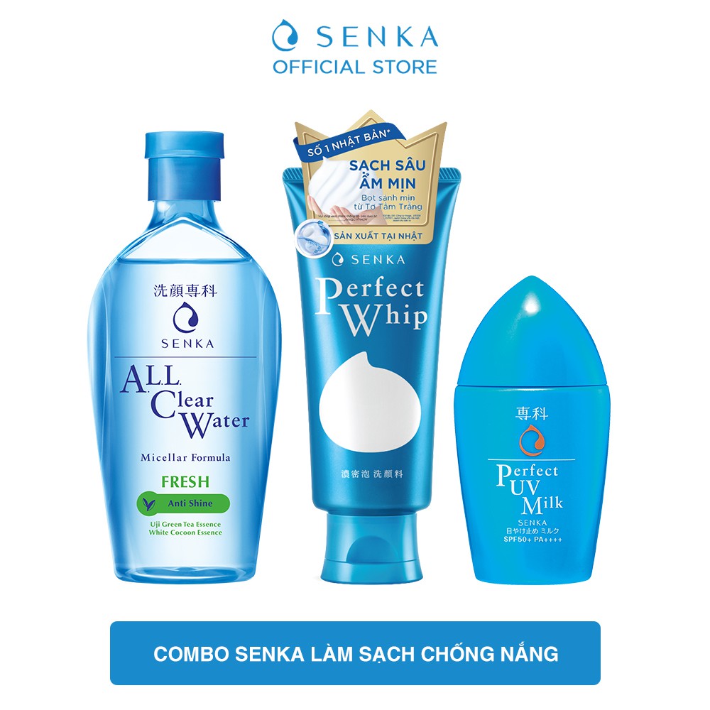 Combo Senka Làm Sạch Chống Nắng Kiềm Dầu Hoàn Hảo (Water Fresh 230ml + Perfect Whip 120g + UV Milk 40ml)