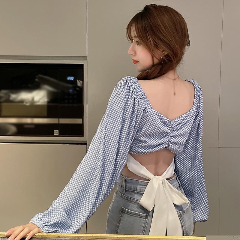 Áo croptop tay dài cổ vuông họa tiết kẻ caro thiết kế độc đáo phong cách retro Hàn Quốc cho nữ