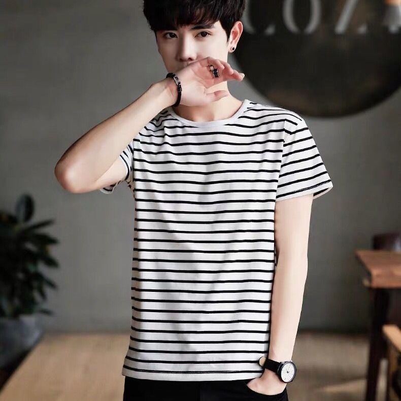 Áo Thun Tay Ngắn Dáng Ôm Họa Tiết Kẻ Sọc Thời Trang Mùa Hè Trẻ Trung Cho Nam