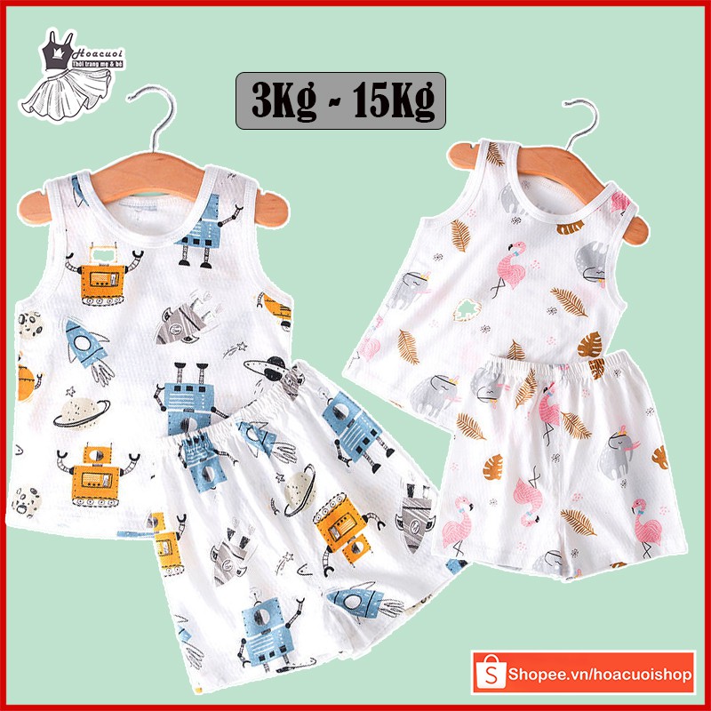 Bộ áo quần HC34 cotton giấy ba lỗ cho bé trai bé gái mặc mùa hè đủ size 3kg-15kg thoáng mát thoải mái
