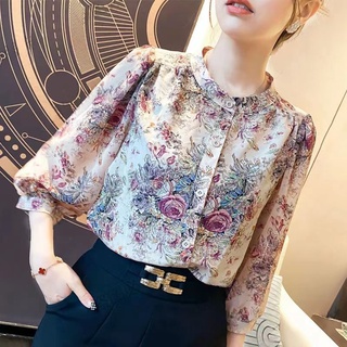 Áo Sơ Mi chiffon Ngắn Tay Form Rộng Họa Tiết Hoa Phong Cách Phương Tây