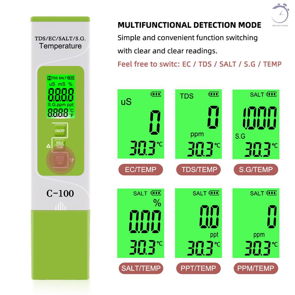 Máy đo nhiệt độ 5 trong 1 TDS / EC / SALT / SG / Máy đo chất lượng nước kỹ thuật số cho bể bơi Nước uống Bể cá có đèn nền♠
