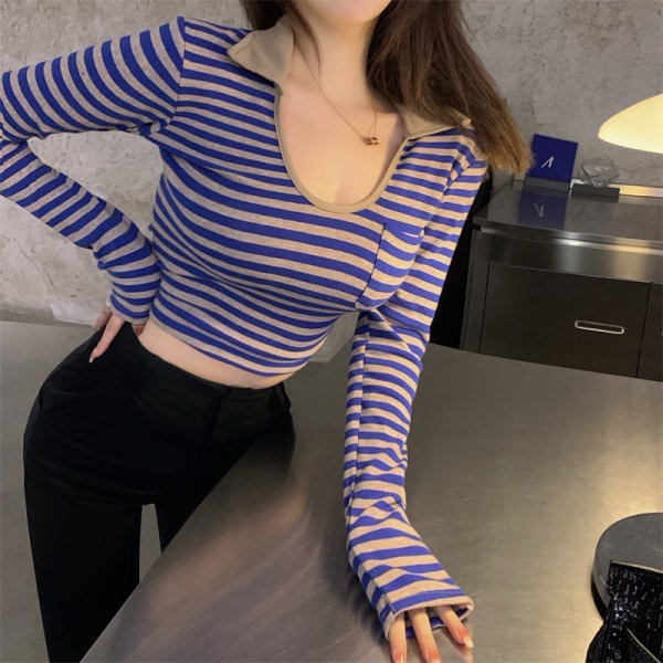 QKOOLE  Áo thun ôm dáng tay dài họa tiết kẻ sọc phong cách Hàn Quốc thời trang dành cho nữ