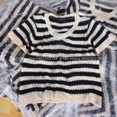 Áo dệt kim cộc tay phối kẻ ngang ulzzang mùa hè, áo len mỏng ngắn tay dáng rộng