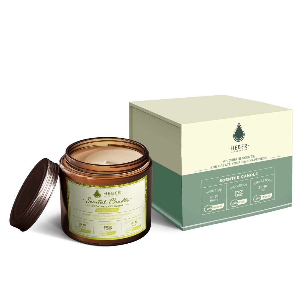 Nến Thơm Hỗ Trợ Hô Hấp - Breathe Easy Scented Candle Heber Natural Life Thiên Nhiên Cao Cấp, Đốt Thơm Phòng, 100g &amp; 220g