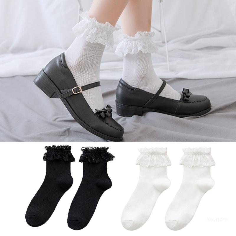 Tất cotton phối ren lưới phong cách lolita nhật bản dễ thương cho nữ
