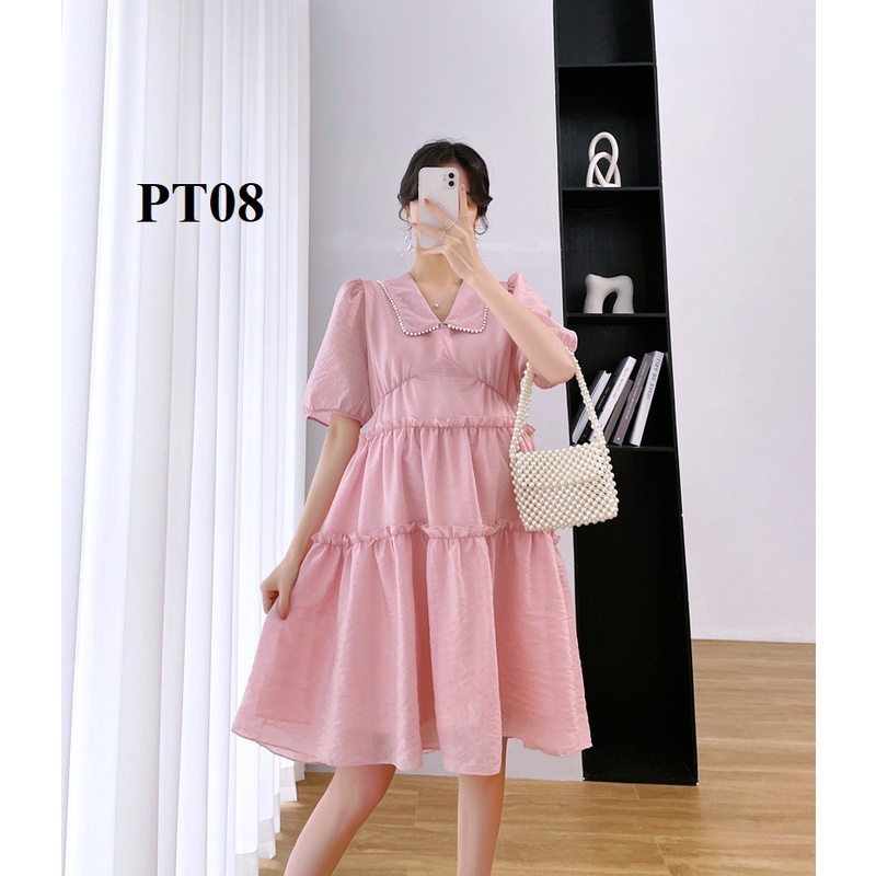 Đầm Bầu QCCC cổ đính hạt, chất voan tơ mềm mại  kiểu xòe xinh xắn_PT08