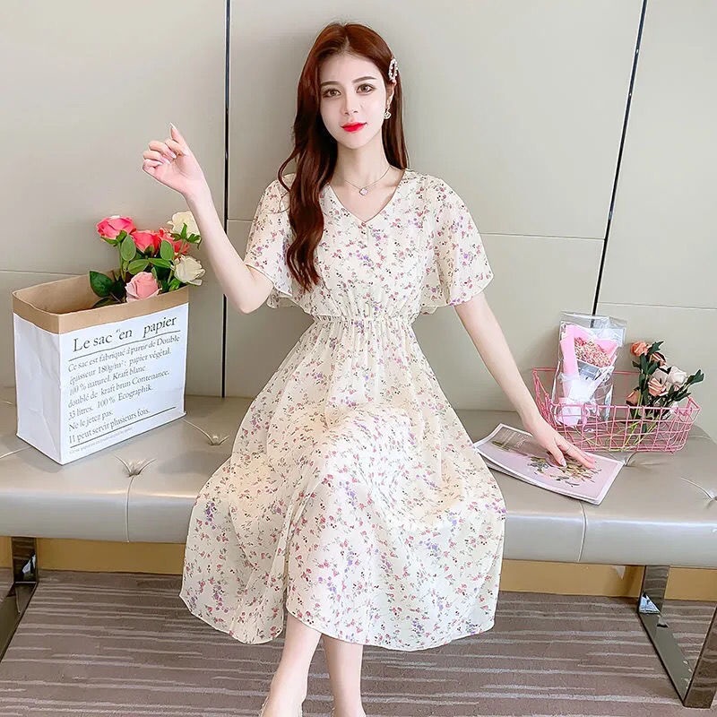 Đầm hoa nhí vintage váy tiểu thư sang chảnh váy cổ v đầm dài váy bầu mùa hè đầm bigsize nữ váy nữ xinh váy đi chơi đầm đi tiệc đầm nữ