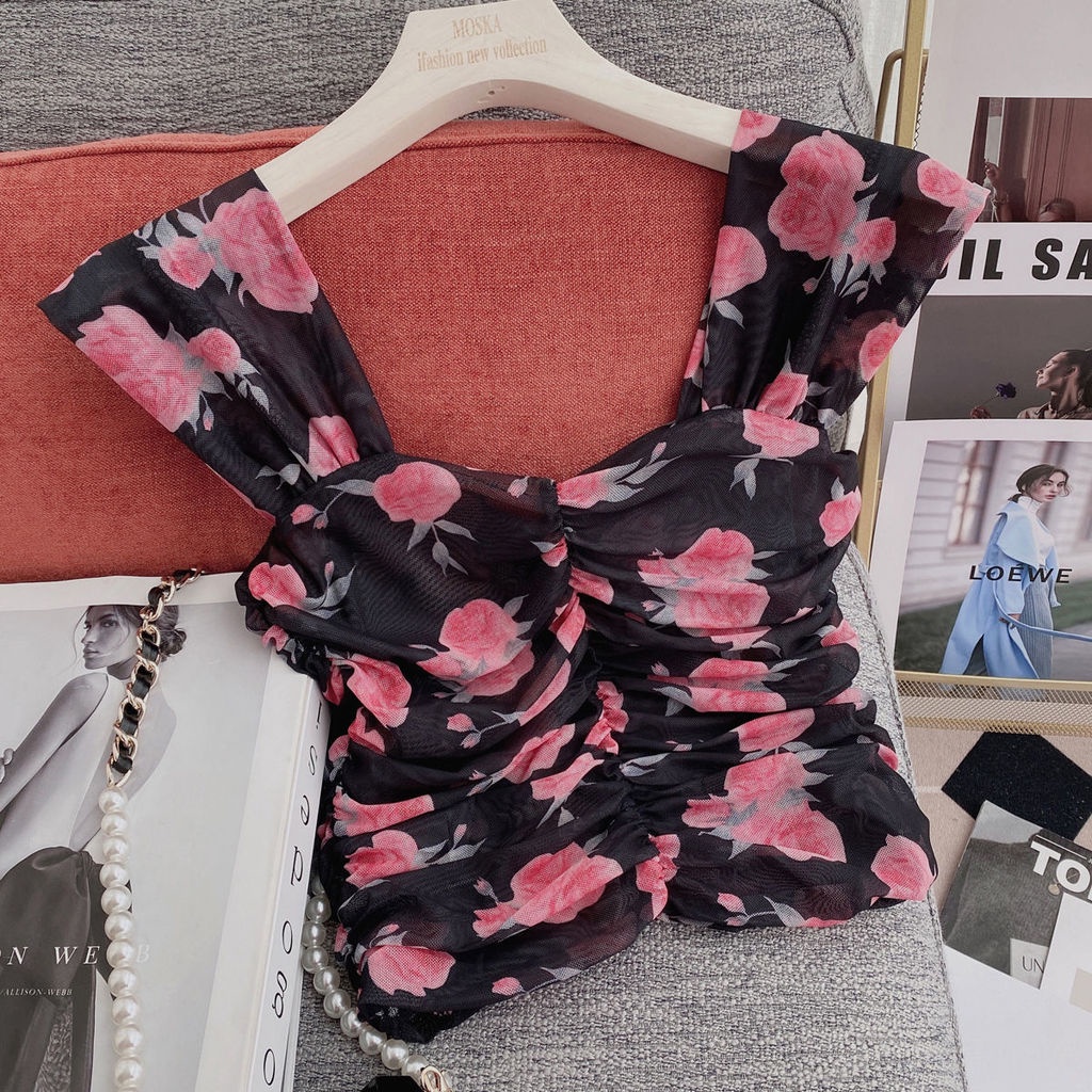 Áo Hai Dây Cổ Vuông Họa Tiết Hoa Thiết Kế Mới Thời Trang Cho Nữ