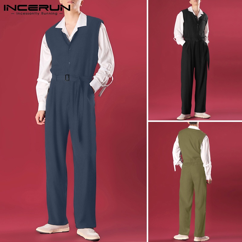 Bộ áo liền quần INCERUN dành cho nam thiết kế cổ chữ V không tay dáng rộng trơn màu phong cách đường phố