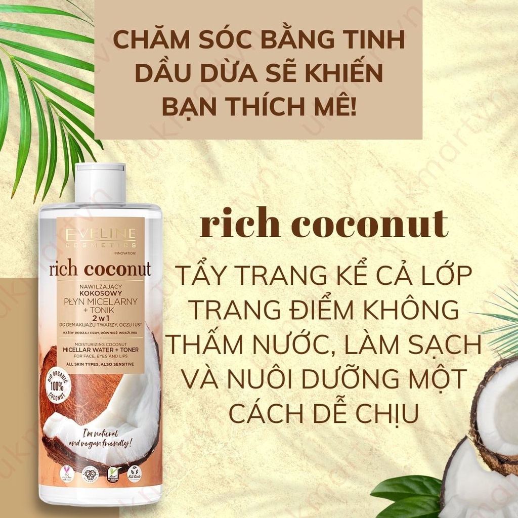 Nước Tẩy Trang Eveline Rich Coconut Dưỡng Ẩm Tinh Dầu Dừa 2 Tác Động 150ml 500ml