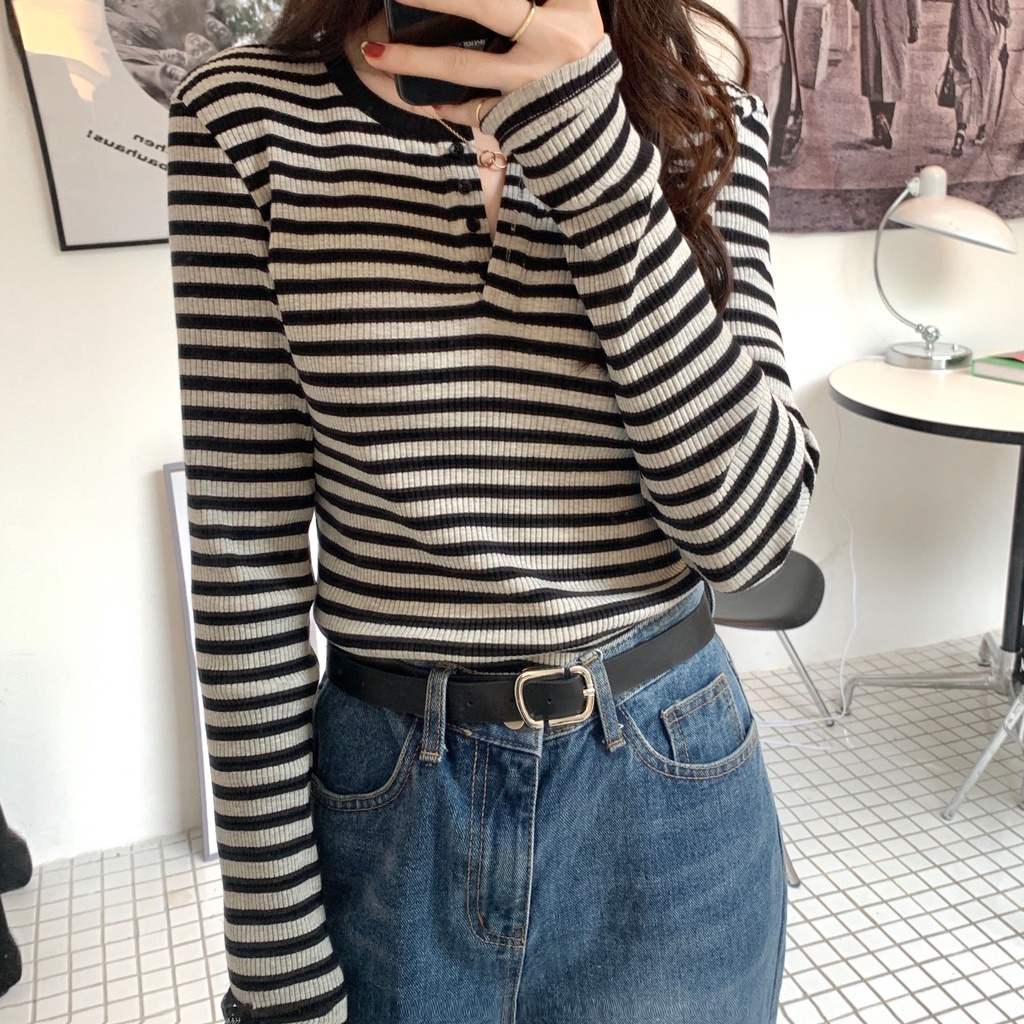 Áo kiểu dệt kim tay dài cổ tròn ôm dáng vừa vặn thời trang cho nữ 48045