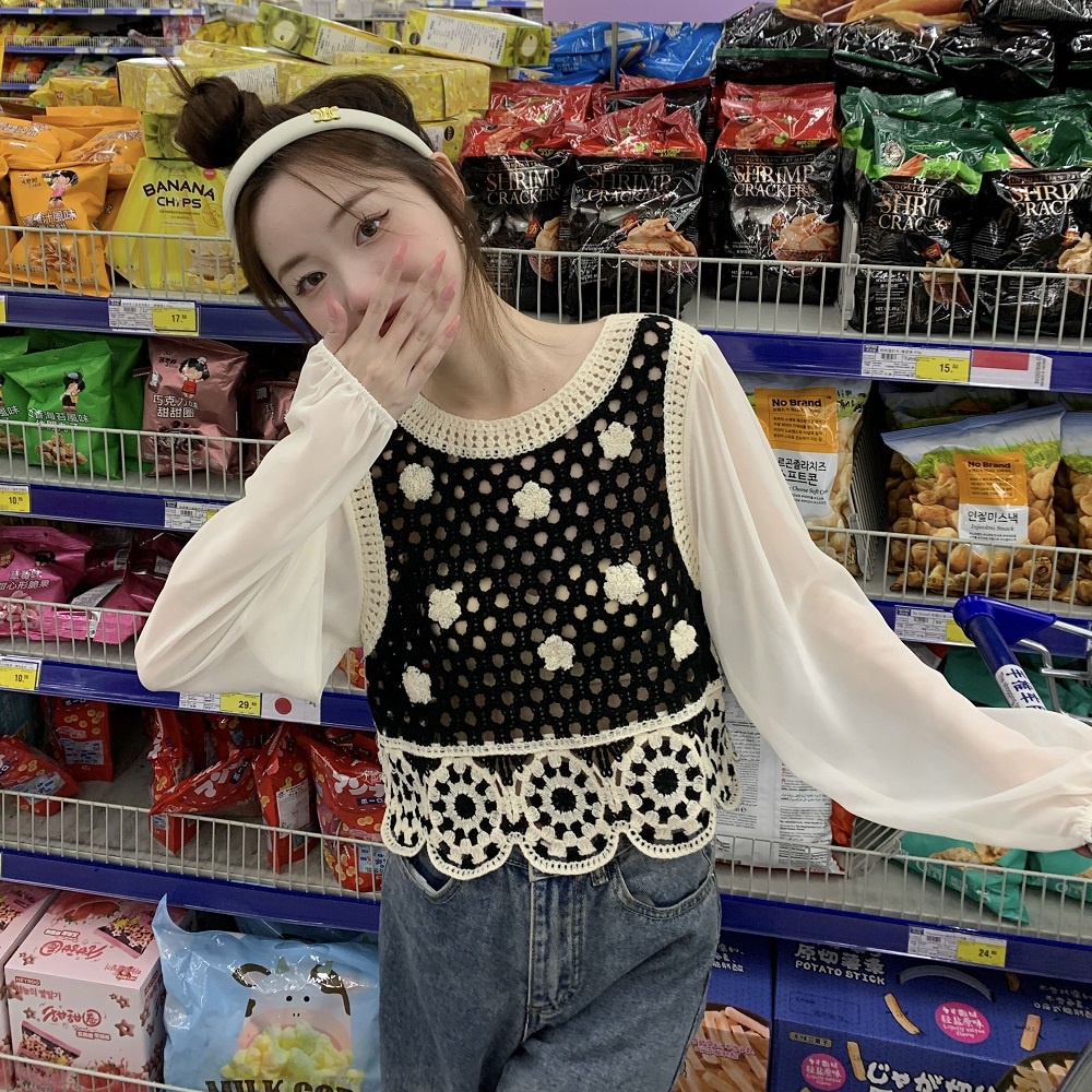 【ZHELIHANGFEI】Áo Len Tay Dài Lưng Cao Viền Ren Theo Phong Cách Preppy