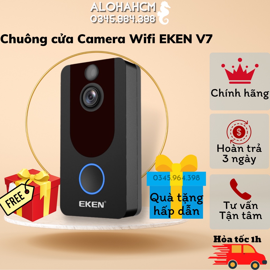 Chuông Cửa Không Dây Thông Minh Có Camera Wifi EKEN V7 Đàm Thoại 2 Chiều,Pin Siêu Khủng,Sử Dụng2-4G,Wifi,Chống Nước IP66