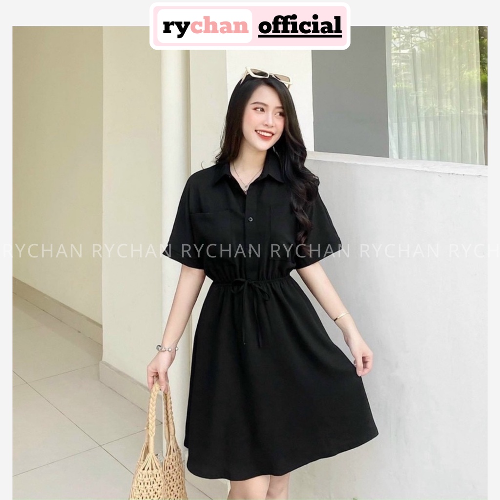 Đầm Nữ Đi Chơi Cổ Sơ Mi Tay Ngắn Nút Trước Thun Eo Có Túi Màu Đen Trắng - DX9798
