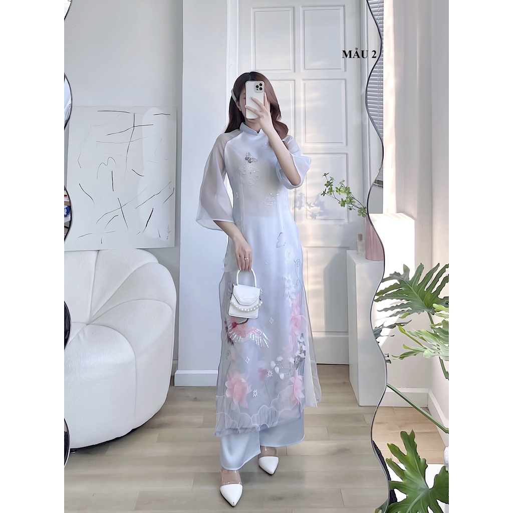 Áo dài nữ 🎀FREESHIP🎀 Áo dài cách tân đính hạt tay phối voan dinh da