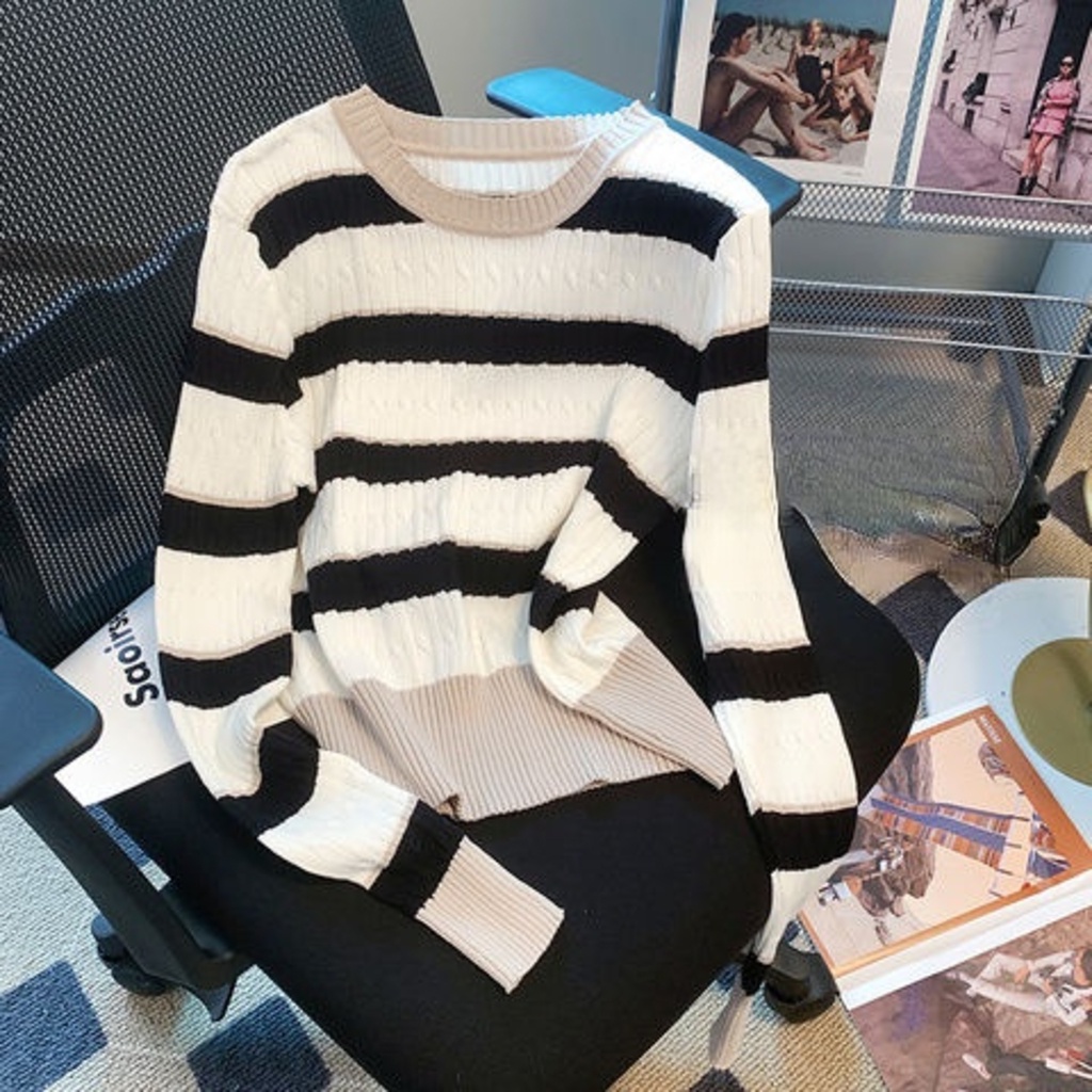 Áo Sweater Dệt Kim Mỏng Kẻ Sọc Màu Tương Phản Kiểu Retro Phương Tây Thời Trang Mùa Thu Cho Nữ