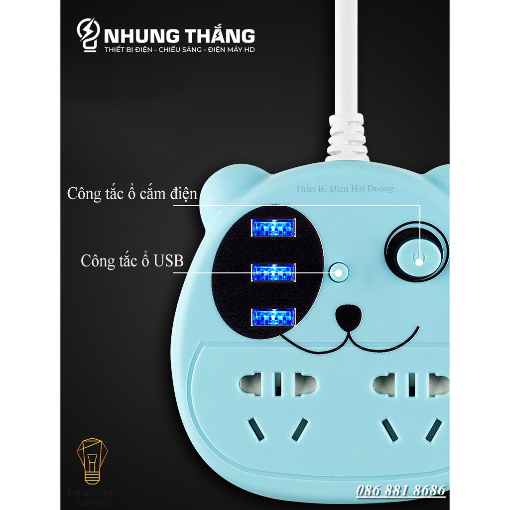 Ổ Cắm Điện Thông Minh OD-315 - Mặt Cún , Mặt Mèo Siêu Dễ Thương -  Dây Điện Dài 2m8 - Tặng Kèm Phích Chuyển Đổi