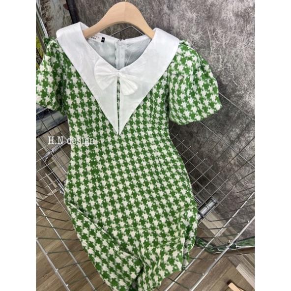 [ 𝐅𝐑𝐄𝐄 𝐒𝐇𝐈𝐏 ] VÁY DẠ KẺ XANH PHỐI CỔ PI TER NƠ NHỎ SIÊU XINH