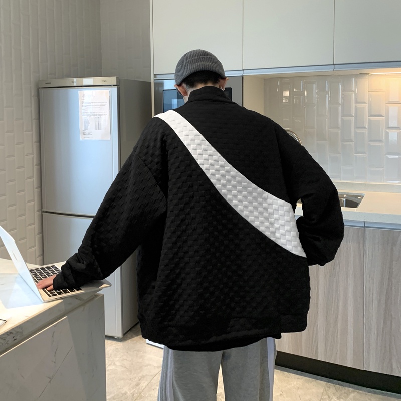 Áo khoác cardigan len cổ đứng dáng rộng phối khóa kéo phong cách đường phố Hàn Quốc cá tính dành cho nam