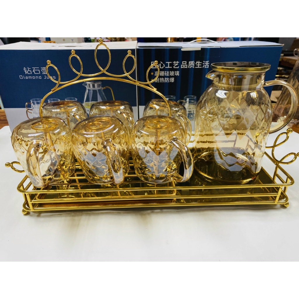 Bộ bình cốc kèm khay và giá đựng cốc, , Khay gương miện sang trọng, mạ vàng hiện đại, quý tộc