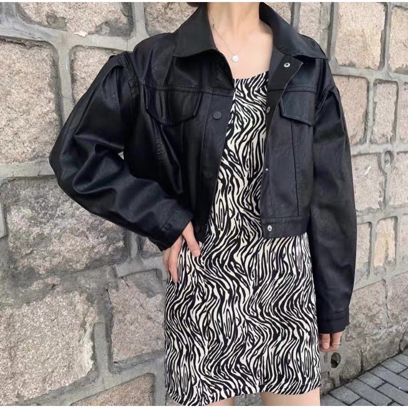 Áo Khoác Da Nữ, Áo Da Mix Túi 2 Bên Dáng Ngắn Siêu Hot Hit