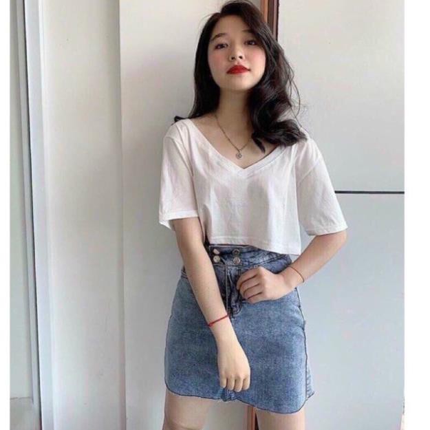 Áo thun dáng croptop cổ tim, Áo phông dáng ngắn form rộng vải cotton trơn co giãn AS0801 - NhiNhiShop  ྇