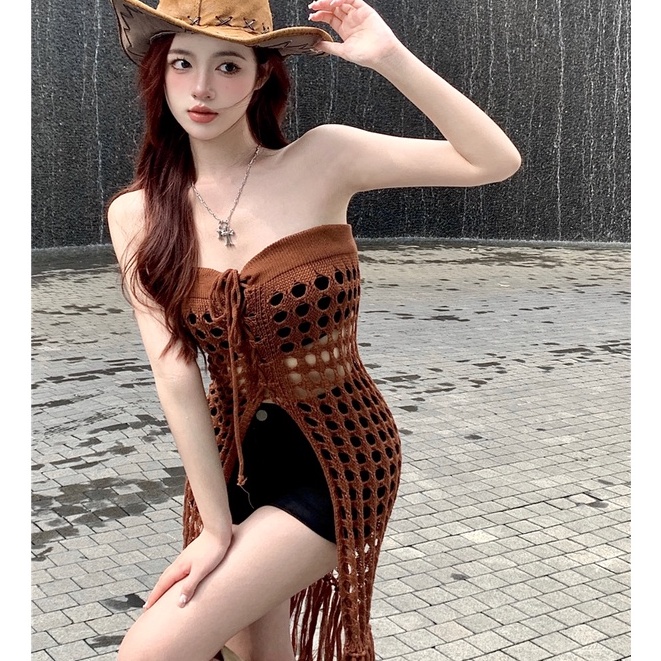 QKOOLE Đầm dệt kim phối ren lưới phong cách cổ điển Hàn Quốc cho nữ