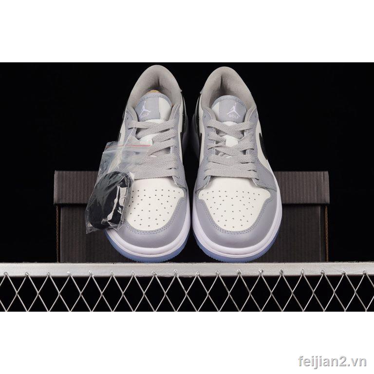 Giày Thể Thao Chơi golf Air Jordan 1 Cổ Thấp Màu Xám / Đen / Trắng Chống Bụi