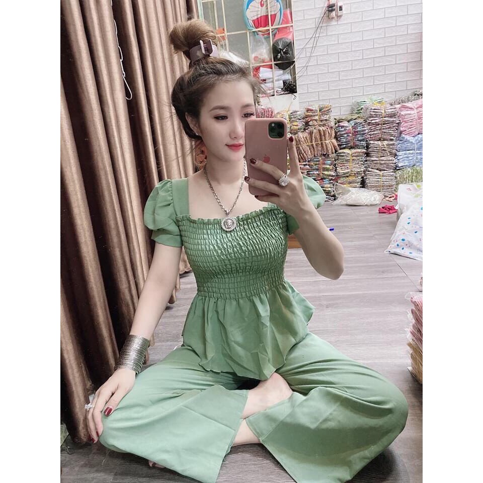 Sét bộ voan áo nhún quần suông tiểu thư TTSA0408