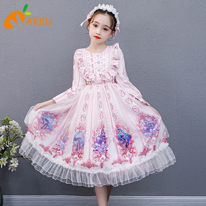 Đầm Công Chúa Dáng Dài Phối Lưới Kẻ Sọc Kiểu Lolita Dễ Thương Cho Bé Gái