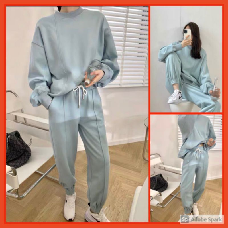 Set Nỉ Trơn Lệch Vạt Màu Xanh NữBộ đồ áo Sweater, quần ống boom from rộng