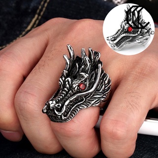 ♋nhẫn nam chạm khắc hình đầu rồng đính đá zircon