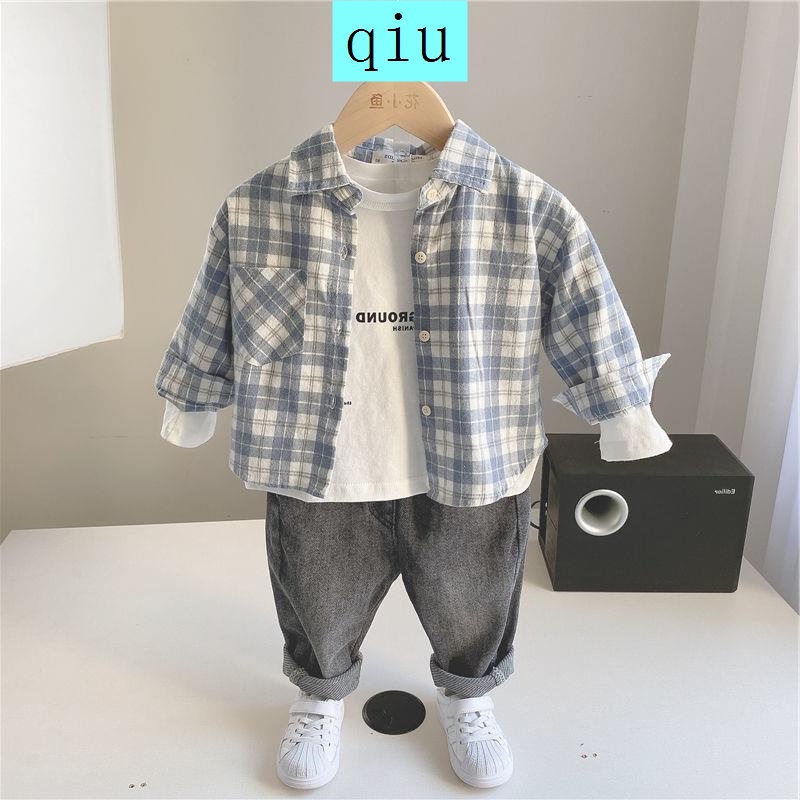 Áo sơ mi dài tay kẻ sọc caro màu xanh lam thời trang xuân thu 2021 dành cho bé trai