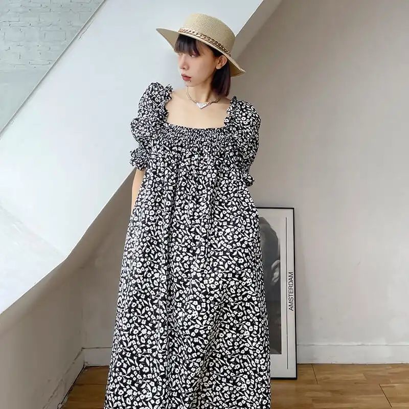 Đầm dài tay phồng họa tiết hoa phong cách retro thanh lịch