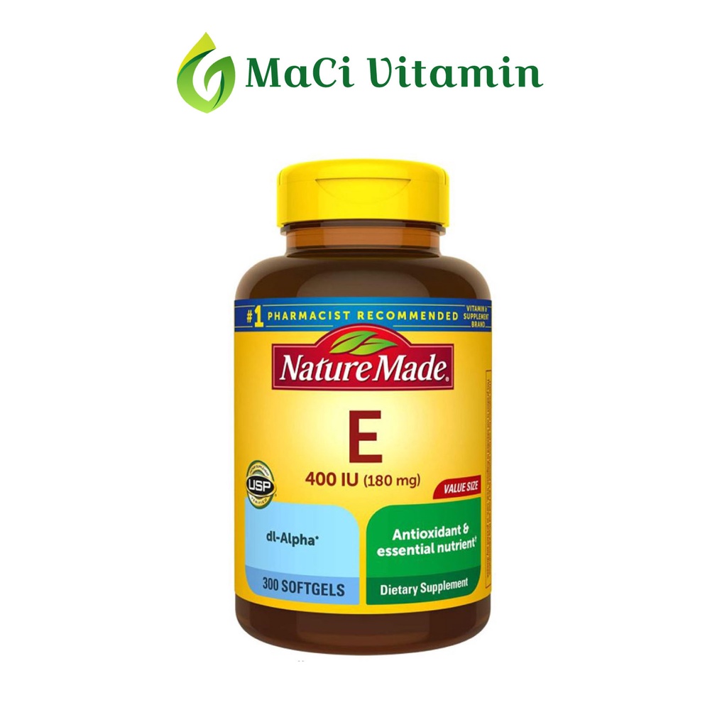 Vitamin E 400 IU Nature Made Chống oxy hóa Làm mờ nếp nhăn 300 viên Maci