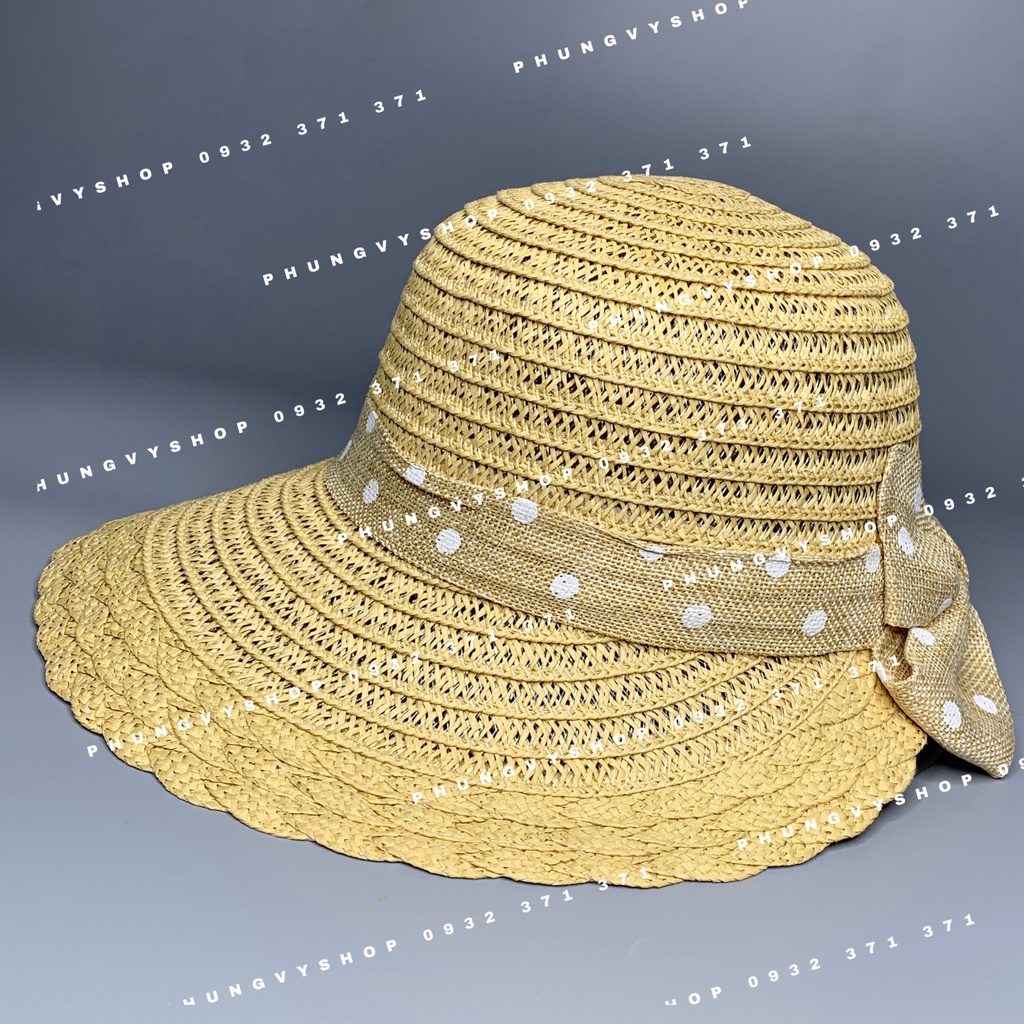 ĐG - Mũ cói HỞ SAU NƠ CHẤM BI vành viền Vảy- nón vành rộng đi biển che nắng