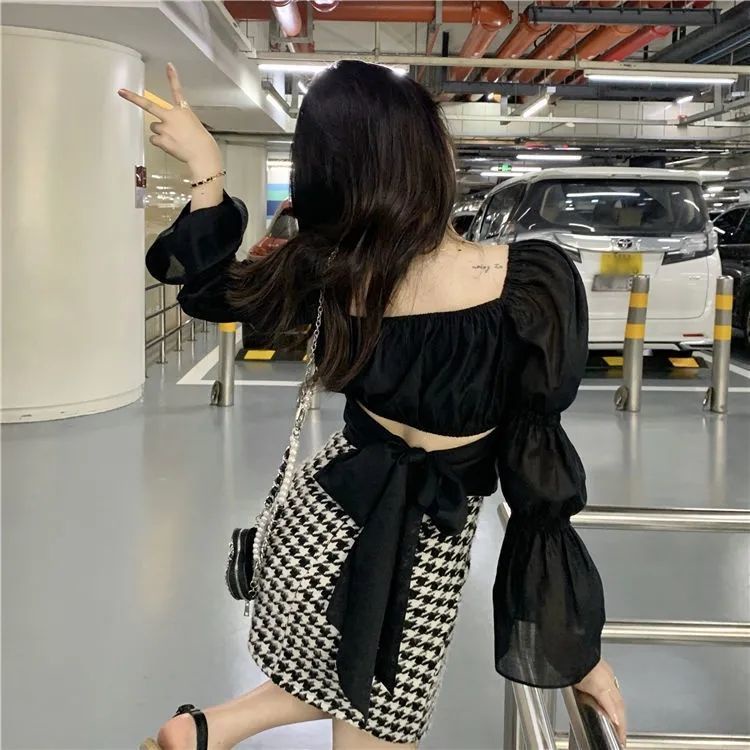 Jiashucheng Áo Kiểu Tay Phồng Dài Hở Rốn Thời Trang Quyến Rũ Cho Nữ