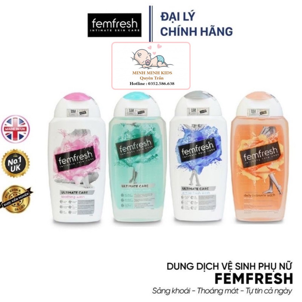 Dung dịch vệ sinh phụ nữ Femfresh 250ml hàng UK (Anh), ddvs femfresh có 4 phân loại, cam kết hàng chính hãng