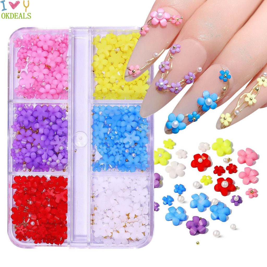 OKDEALS 6Grids DIY Manicure Nail Art Decorations Charms Jewelry 3D Acrylic Mixed Size Love Heart Camellia Nails Accessories White Florets|Beads Butterfly Design Flower