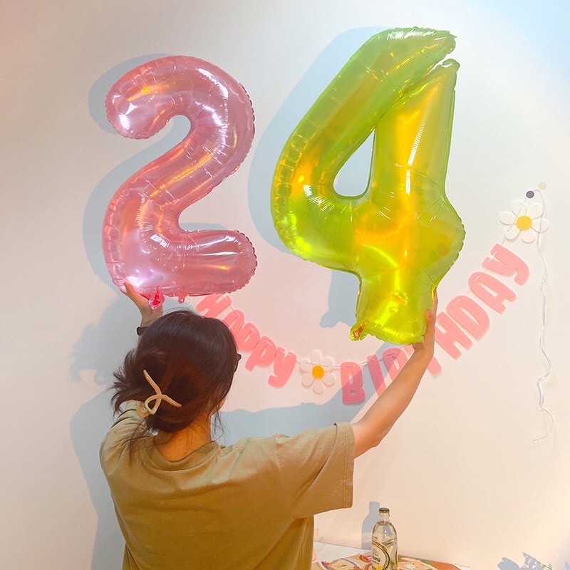 Bóng số tuổi sinh nhật màu thạch rau câu hồng phấn, bóng số màu xanh lá cây sie 32&quot; 70cm